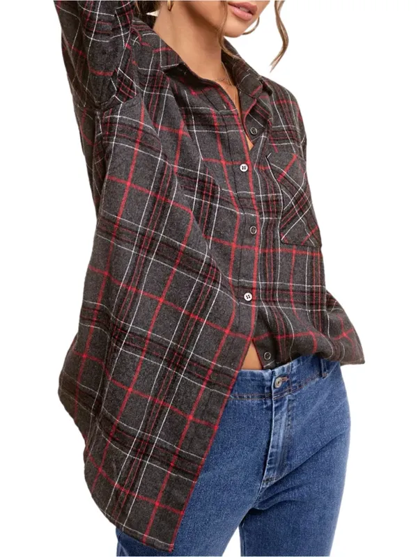 La Miel Plaid Oversized Shirt Gray Red Button Front Long Sleeve Top Small NWT - Image 3