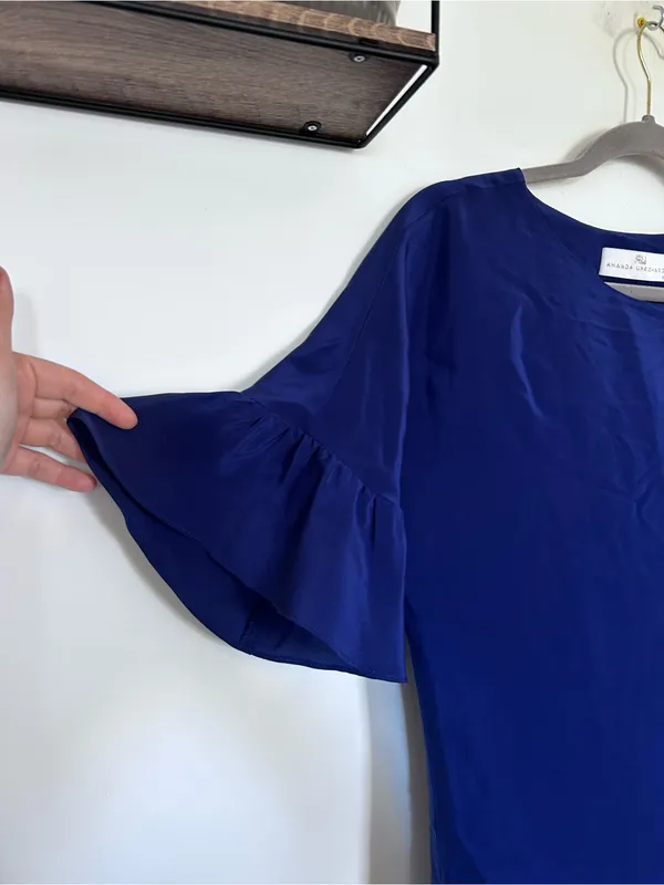 Amanda Uprichard 100% Silk Blue Short Flutter Sleeve Mini Dress Size Small - Image 3