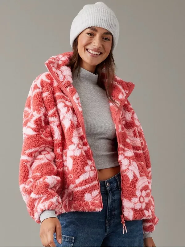 American Eagle Red/White Bear Hug Cozy Sherpa Zip Jacket‎ Sz Med Boho-Chic Fairy - Image 12