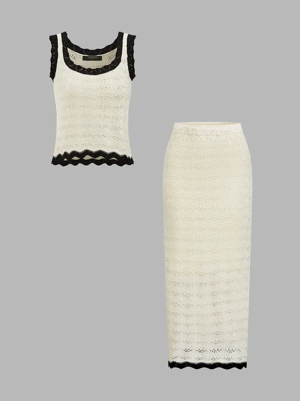 Commense Crochet Knit Crop Top Midi Skirt Set White Black Small NWT - Image 2
