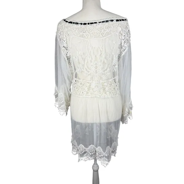White Sheer Lace Tunic Womens M Mesh Crochet Bell Sleeve Fairycore - Image 7