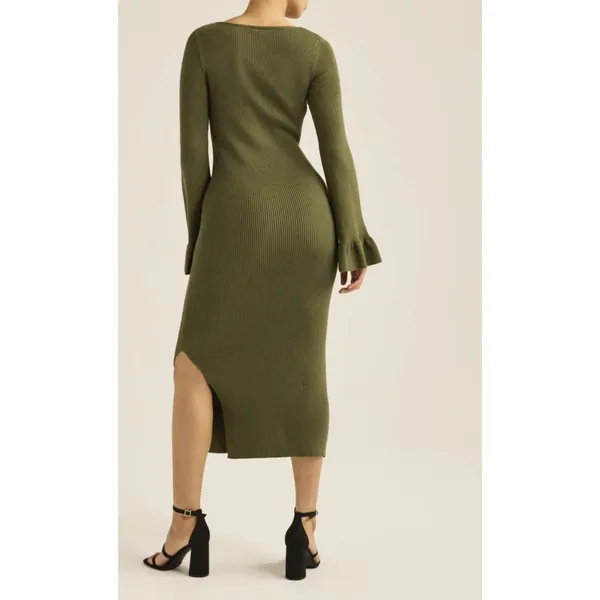 Scoop Womens Sweater Dress Sz XL Grape Leaf Ribbed Midi Bell Sleeve Square Neck - Image 4