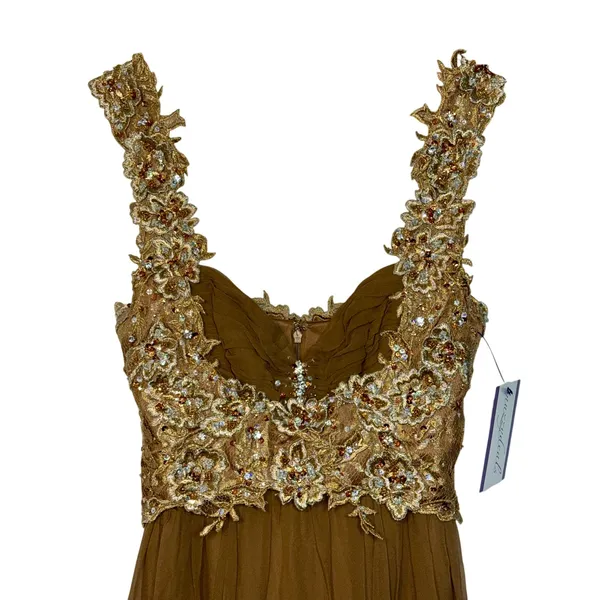 NWT Mandalay Brown Gold Lace Beaded Embellished Long Evening Gown Dress Size 8 - Image 2