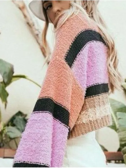 Urban Outfitters Beau Boat neck Striped Colorblock‎ Knit Textured Ballon Sleeve Crop Sweater - Image 2