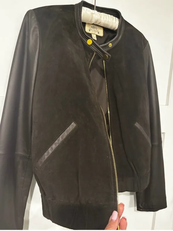 MNG Mango Mixed Media‎ Leather & Suede Bomber Jacket Deep Chocolate Brown/Gold M - Image 6