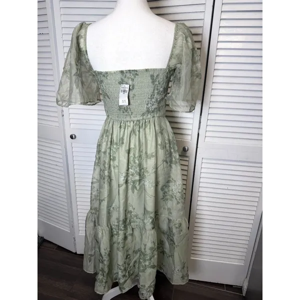 Abercrombie & Fitch Emerson Angel Sleeve Midi Dress Sage Green Floral Large - Image 7