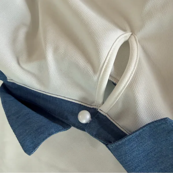 NEW Women's White with Blue Denim Style Trim Peter Pan Collar Size L #260464 - Image 5
