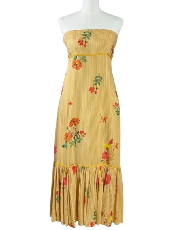 Free People Bohemian Rosie Posie Strapless Midi Dress Yellow Floral Size Small - Image 4