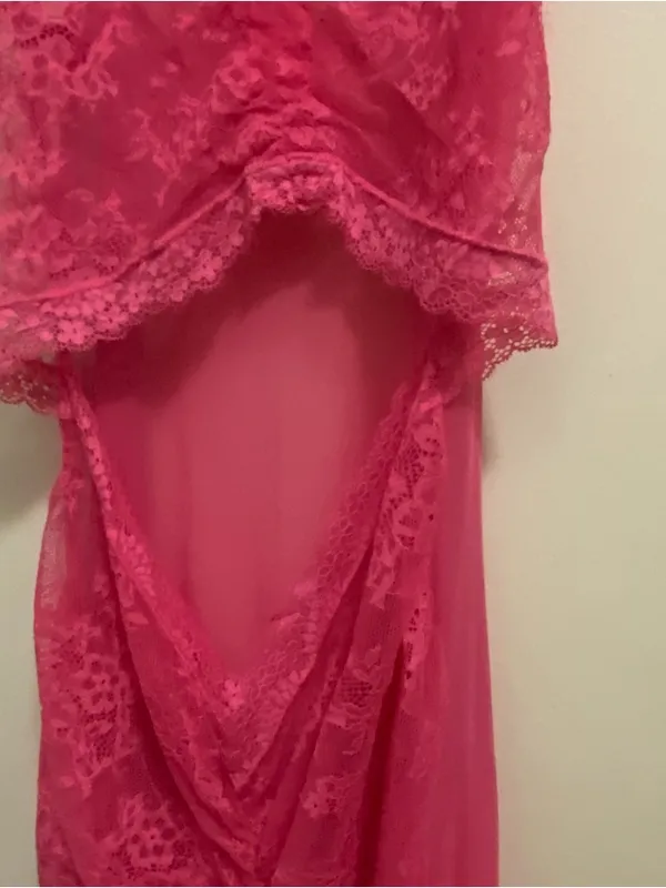 Lingerie Mini Dress S Small Hot Pink Sheer Lace Cutout Midriff Ruched Coquette - Image 3