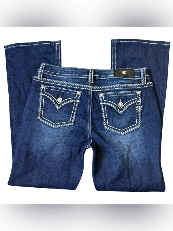 Miss Me Dark Wash Bootcut Jeans • White Stitching • Rhinestone Back Pockets • 32 - Image 2