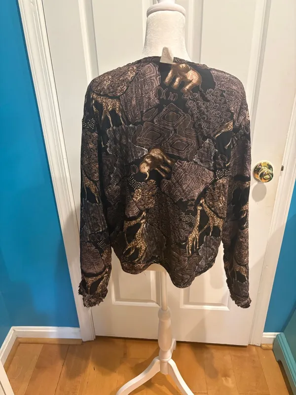 Art wear chenille double sided jacket giraffe elephant African print brown M L - Image 5
