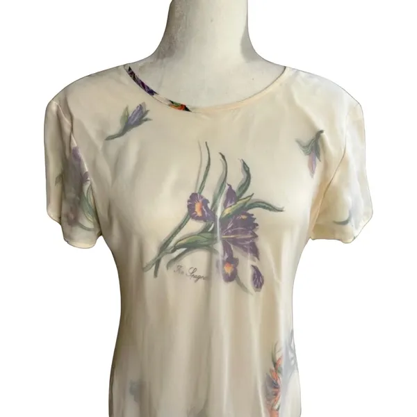 Vintage Ivory Iris Chiffon Sheer Overlay High-Low Floral Midi Dress Size 14 Mica - Image 12