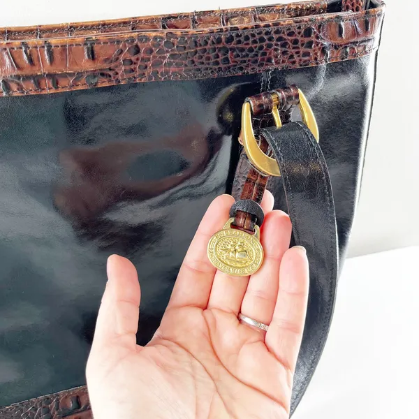 Brahmin Croc Embossed Leather Tote Handbag Purse Black Brown - Image 9
