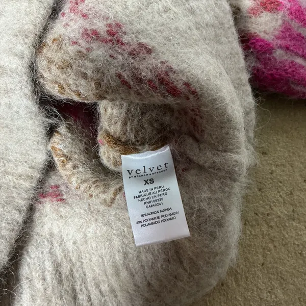 Velvet Graham Spencer Fair Isle Alpaca Sweater Womens XS Beige Pink Boho Fuzzy - Image 6