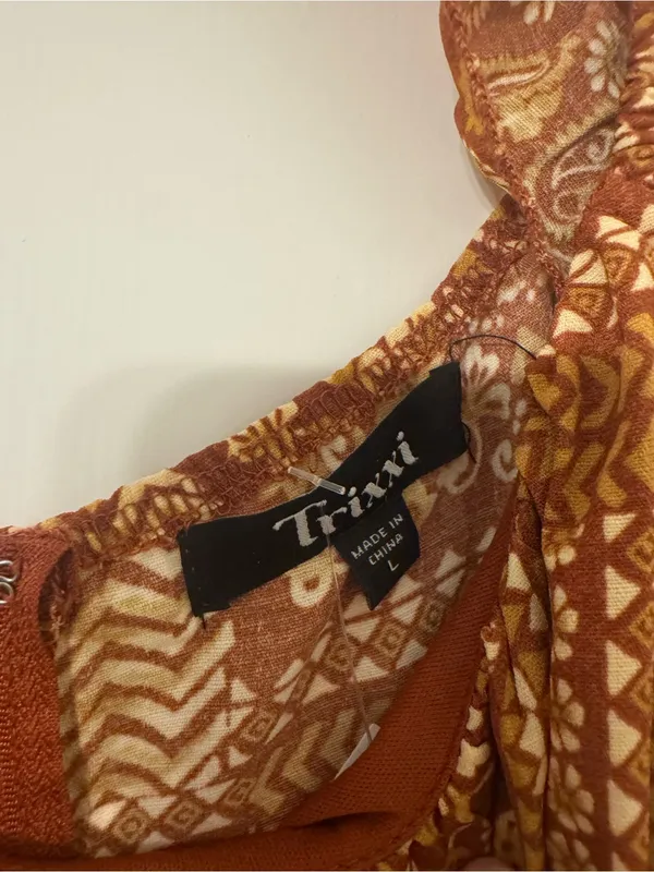 NWT Trixxi Rust Orange Tiered Patchwork-Print Ruffled-Strap Midi Dress Sz Large - Image 9