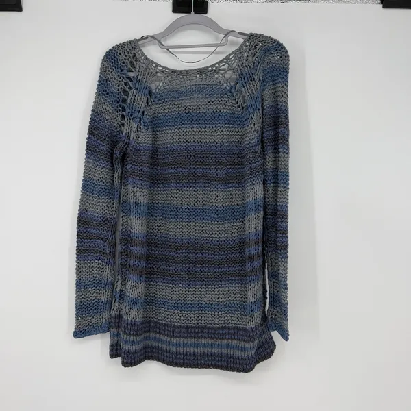 Free People Striped Knit Pullover Sweater Long Sleeve Blue Grey M Slouchy Boho‎ - Image 2