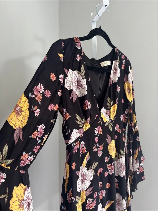 Altar'd State Juliette Boho Dress Black Floral Tiered Ruffle Bell Sleeves Sz S - Image 3