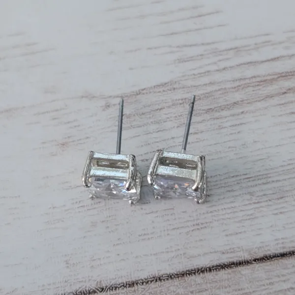 Vintage Stud Earrings Clear Square Gem 3/8" Silver - Image 4