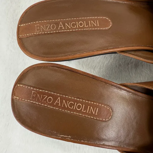 Enzo Angiolini Brown Leather Mules Heels Buckle Detail Square Toe Size‎ 8.5M - Image 5