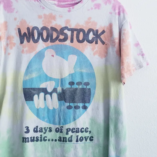 Vintage Wood Stock Liquid Blue Tie Dye Short Sleeve Band Tee Shirt - Image 2
