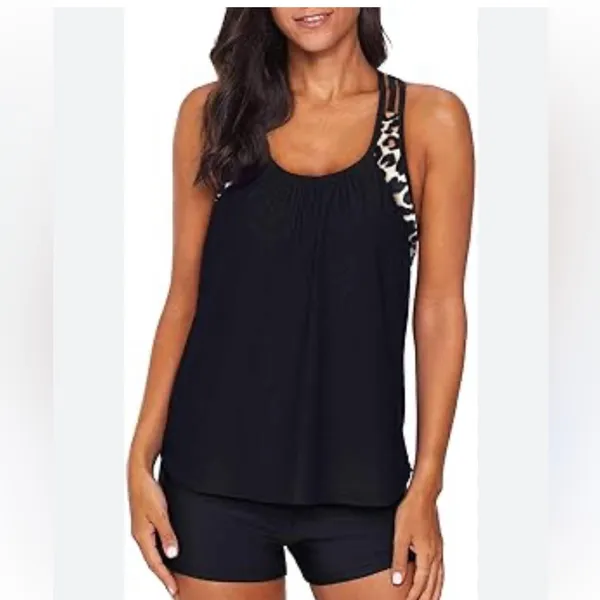 leopard print swim tank bra size Medium in black new - Image 3