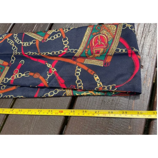 Vintage Equestrian Chain Belt Print Scarf Navy Green Red‎ Gold 60 Inch - Image 2