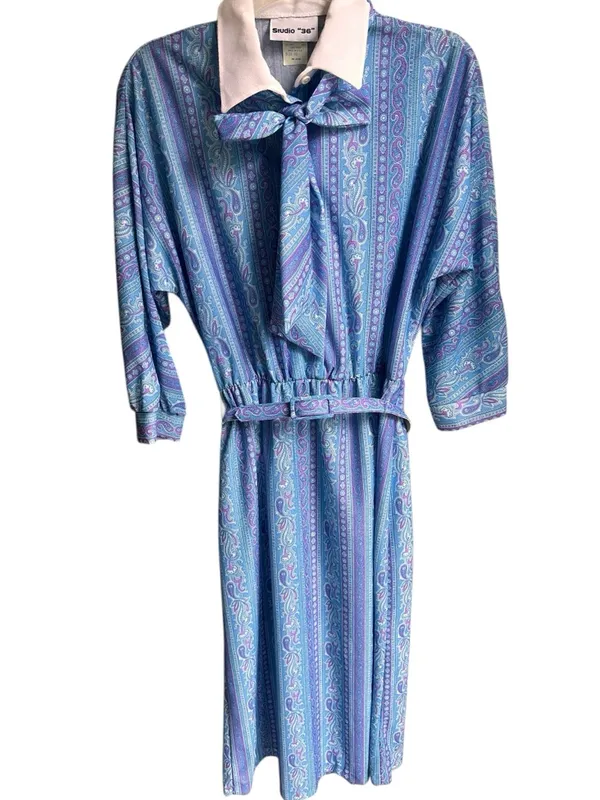Vintage 80s blue paisley belted dress Size 10 - Image 3