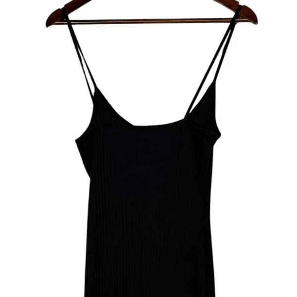 ZARA Ribbed Button Bodycon Midi Dress Strappy Stretch Slim Round Neck M Black - Image 5