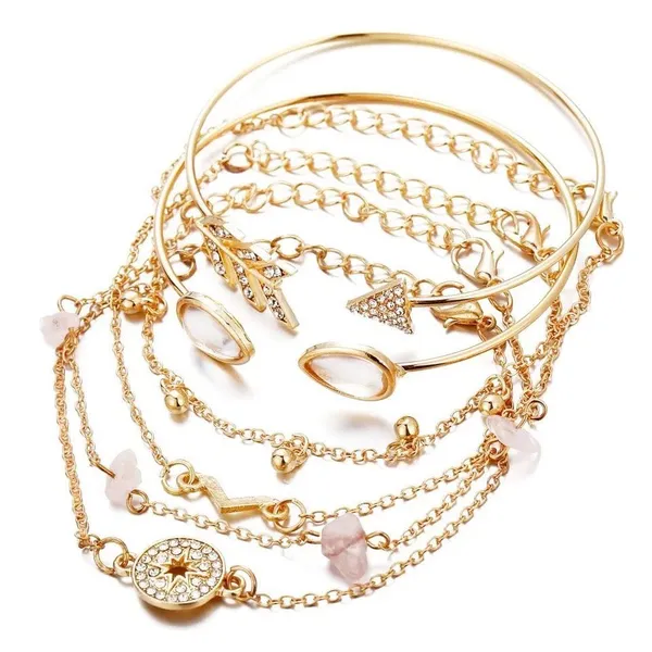 Gold Arrow Stacking Bracelets Bohemian Stone Beads Chains Fashion 6-pc Jewelry - Image 4