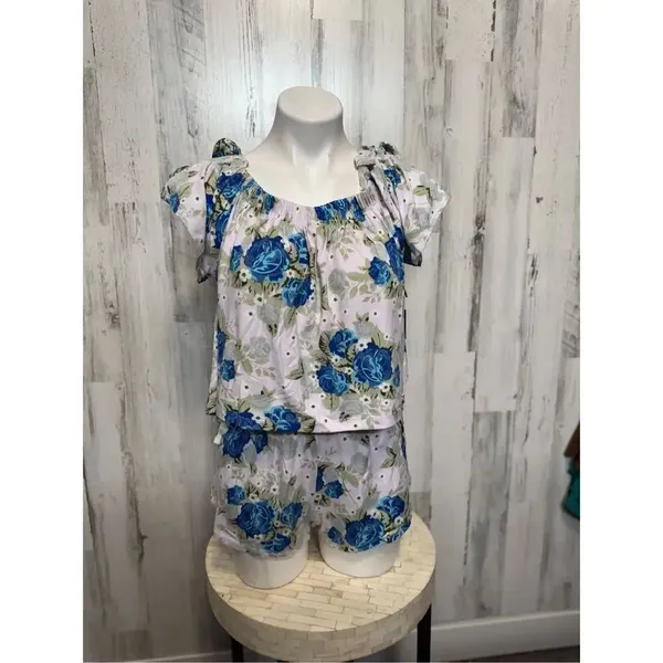 Doff New York Floral Set Small | Blue Rose Ruffle Top & Shorts Lounge Set - Image 2