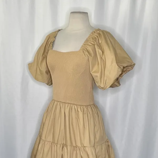 NWT! ENDLESS ROSE Mix Media Mini Dress Latte Brown Puff Sleeves Corset Bodice XS - Image 5