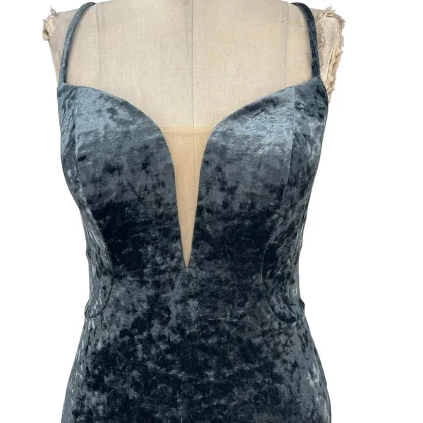 La Femme 25659 Strappy Plunging Velvet Slit Dress‎ Gown Blue Size 6 - Image 5