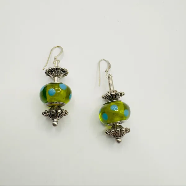 Lampwork Green Polka Dot Glass Dangle Earrings Silver Tone - Image 6