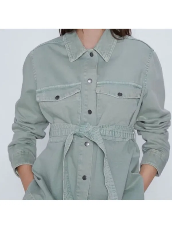 Zara denim belted cotton jean jacket sage green Sz XL - Image 4