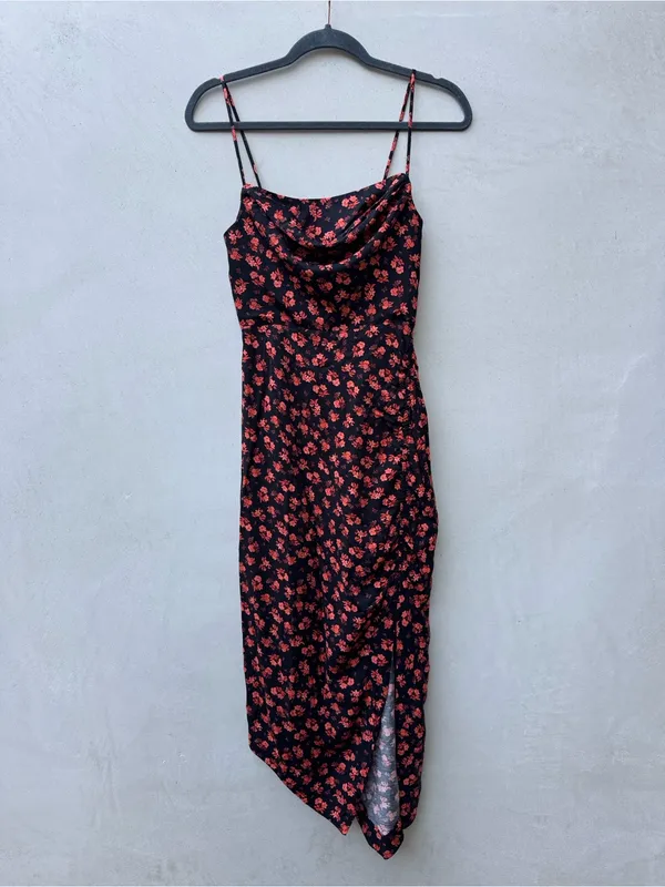 Anthropologie Coral Floral Draped Back- Slip Midi Dress Asymmetrical side - Image 3