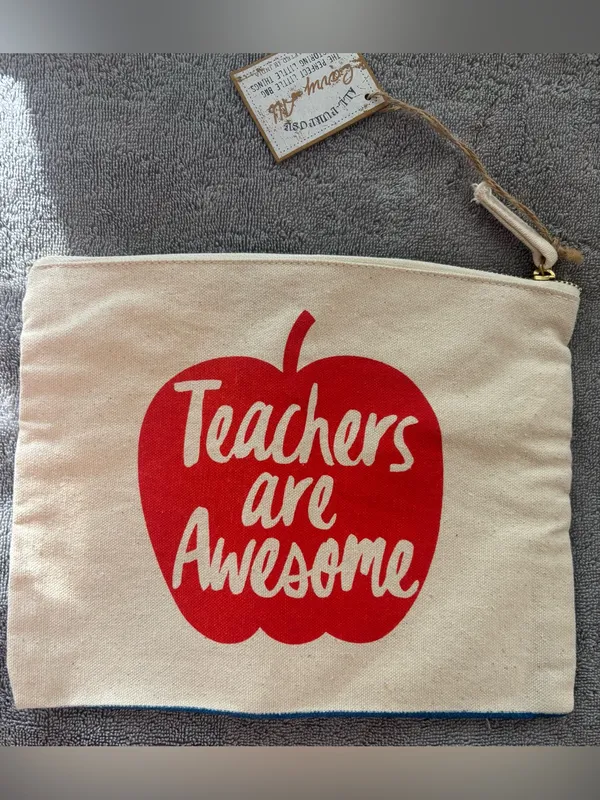 Teacher Apple Necklace and Canvas Zip Top Pouch Bag Carry All - Image 4