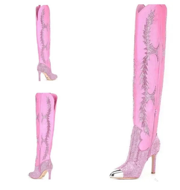 NWT Gianni Bini KatyannaTwo Over-the-Knee Rhinestone Embellished Western Boots in pop pink. Size 8.5 - Image 4