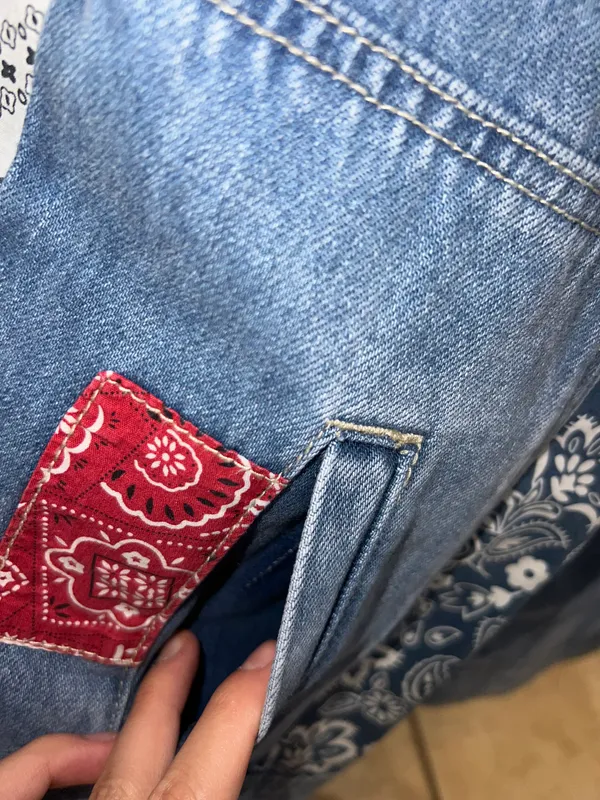 Driftwood Faria Patchwork Denim Trucker Jacket - Image 10