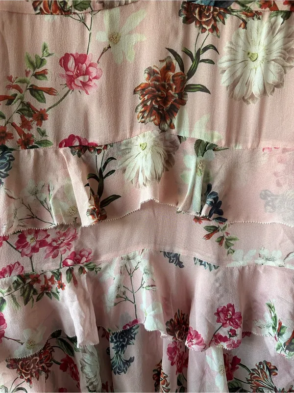 NICHOLAS Pink Floral Long Sleeve Ruffle Cold Shoulder 100% Silk Dress Size 2 XS - Image 8