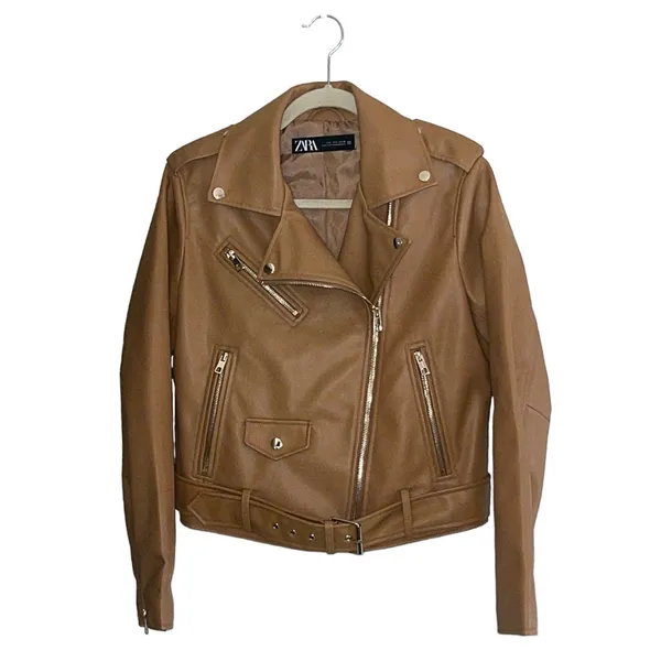 Zara‎ Faux Leather Moto Jacket Camel Brown Size L - Image 2