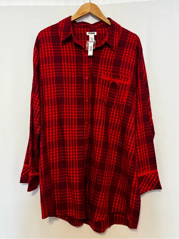 Victoria's Secret Red Plaid Full Button Nightgown Sleep Shirt Long Sleeves Large - Image 2