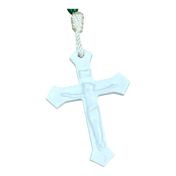 Unisex Catholic Rosary Necklace Gold Green White Plastic Beads Crucifix Pendant - Image 2