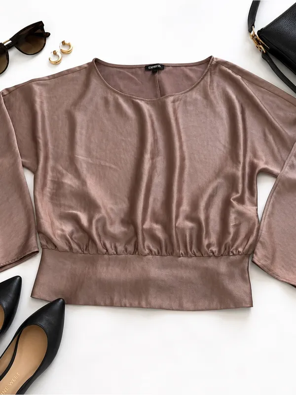 Express Satin Blouse Womens L Dusty Rose Dolman Sleeve Smocked Waist Party Top - Image 3