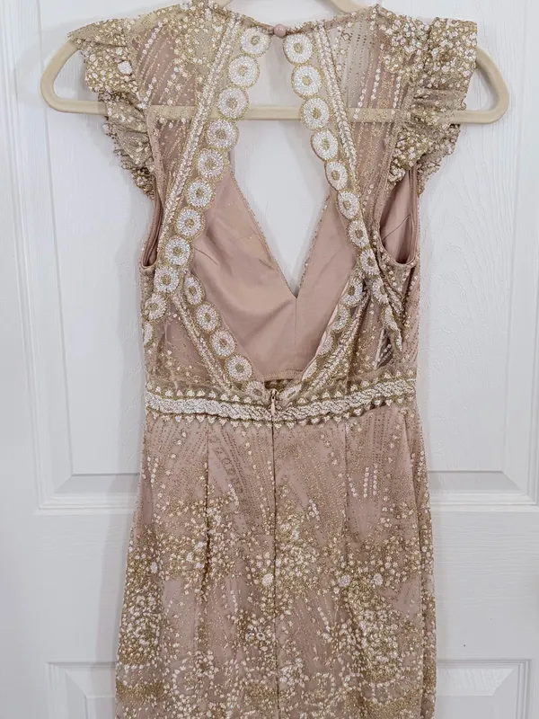 Hello Molly Match Me Dress Champagne Beaded Open Back Mini XS - Image 3