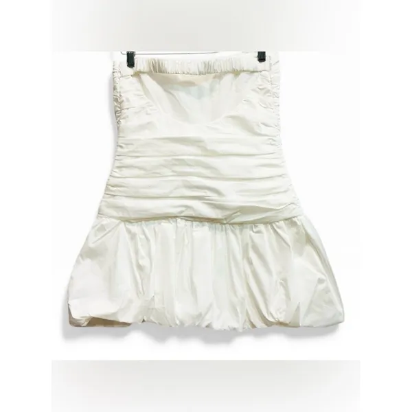 MESHKI‎ FRAN RUCHED COTTON MINI DRESS WHITE Strapless Drop Waist Bridal M NWT - Image 4