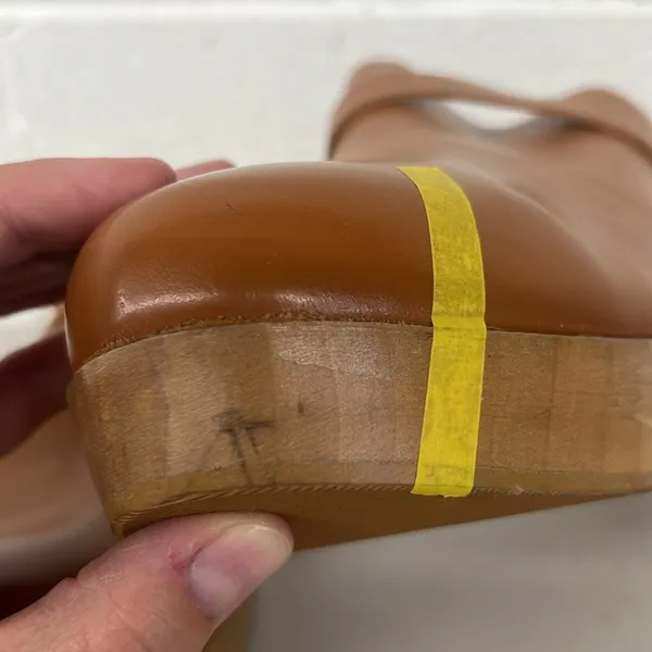 Sz10 Andre assoue brown tan slip on heeled Sofi clog wooden leather chunky amber - Image 4