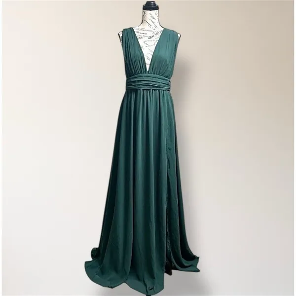 Lulus Heavenly‎ Hues Green Maxi Dress Pleated Deep V Slit Autumn Wedding Guest - Image 3