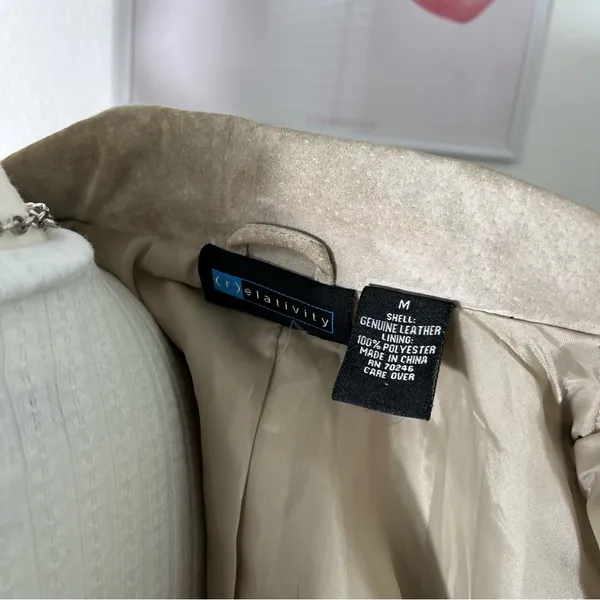 American Vintage Vintage 90s Cream Beige Genuine Leather Suede Button‎ Blazer Coat Womens Medium - Image 6