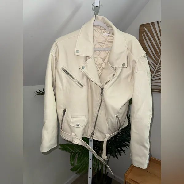 Good American Oversized Faux‎ Leather Moto Jacket- White Womens XXS - Image 3
