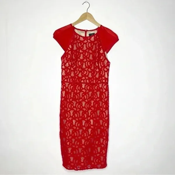 Adrianna Papell Dress Women's Cap Sleeve Red Tonal Piped Lace Knee Length Size 8 - Image 3